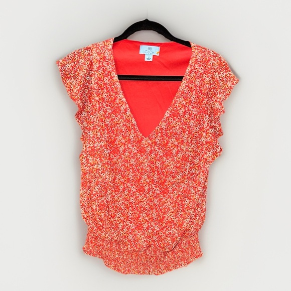 CeCe Tops - CeCe Coral Red Floral V-Neck Ruffle Sleeve Blouse